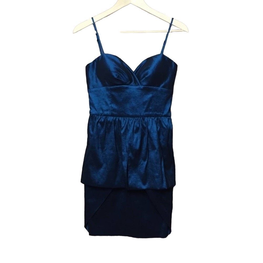Aidan Mattox Peplum Blue Satin Spaghetti Strap Dress